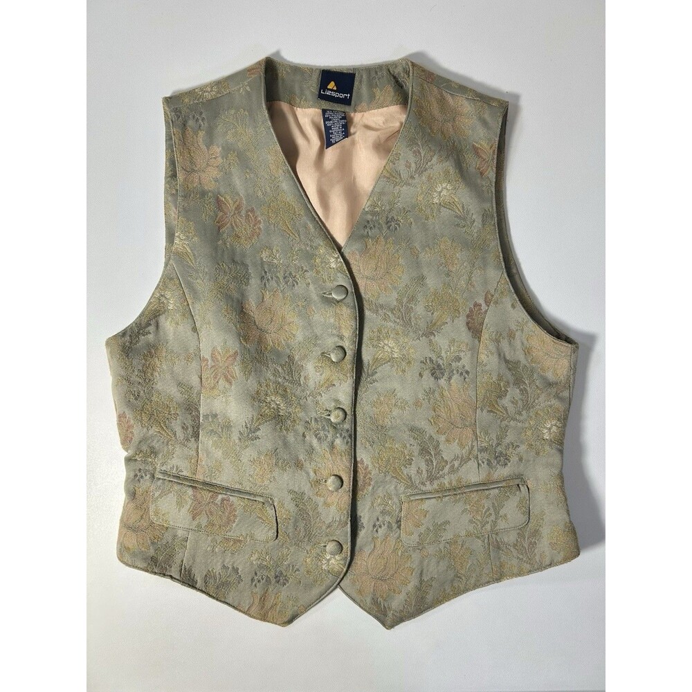 Vintage Sz 10 Liz Sport Green and Gold Floral Jacquard Button-Front Vest